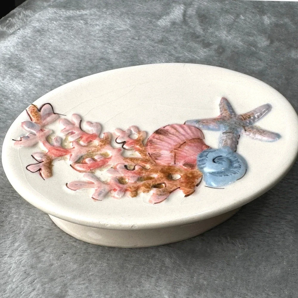 Coastal Seashell Coral Soap Dish Vtg. Bathroom Trinket Dish Beach Decor Starfish